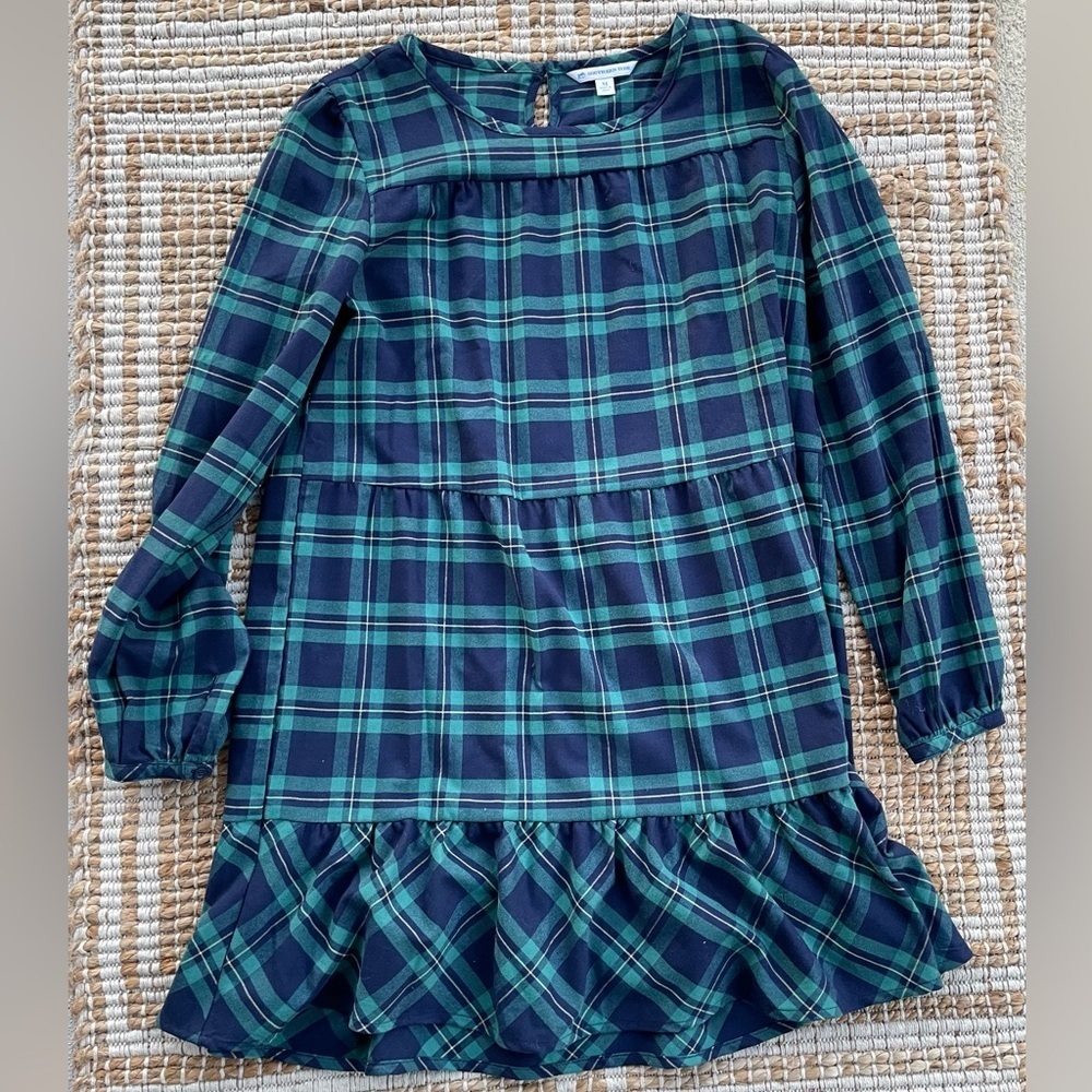 Southern Tide Plaid Tiered Babydoll Dress Women’s Medium Blue Green Long Sleeve